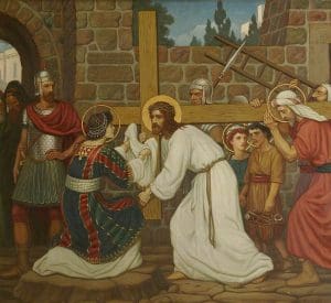 veronica offers her veil to Jesus